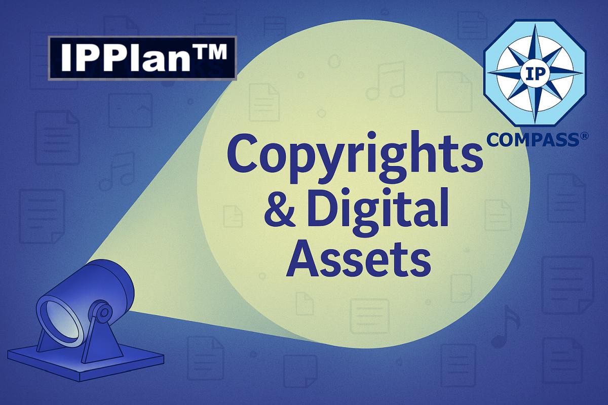 IPPlan Copyrights and Digital Assets feature image with spotlight theme and IP COMPASS® logo