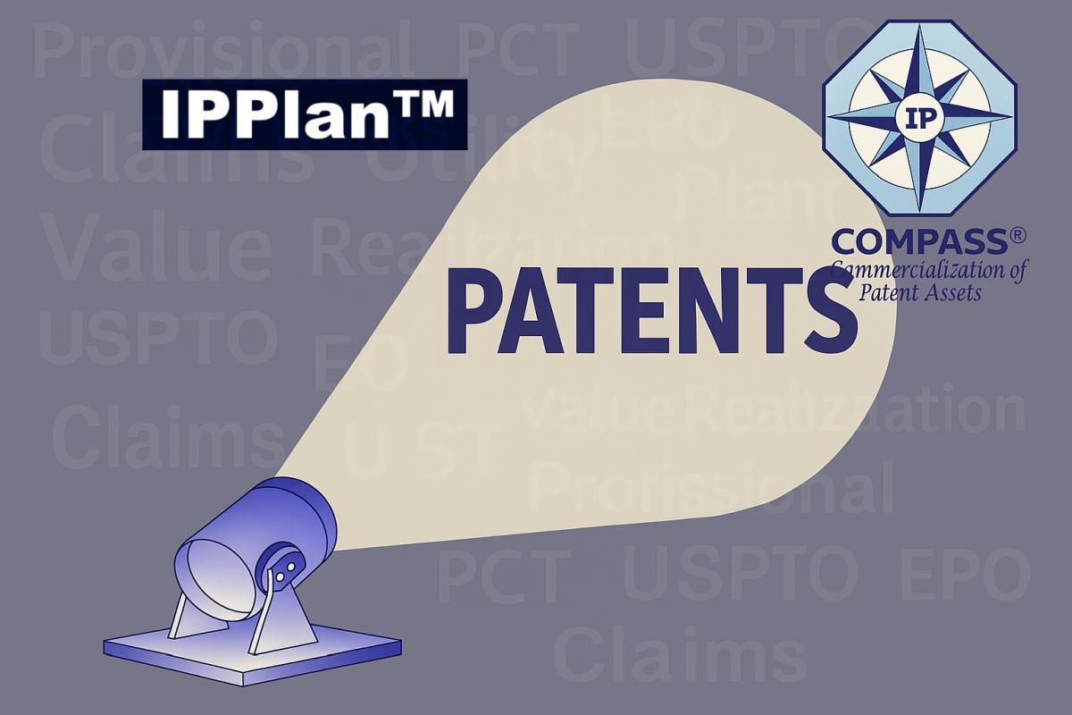 Patent commercialization feature graphic with IP COMPASS® and schematic drawings