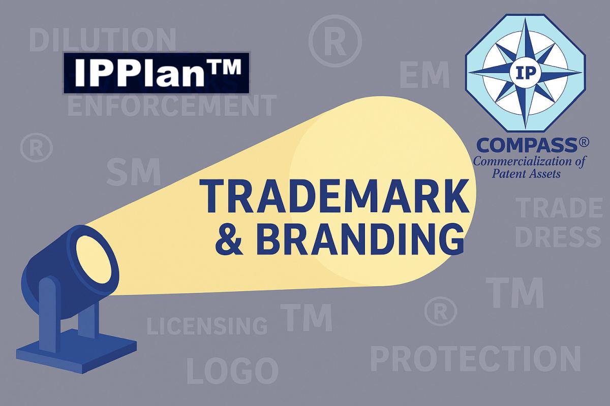 IPPlan Trademarks and Branding Strategy feature image with spotlight theme and IP COMPASS® logo
