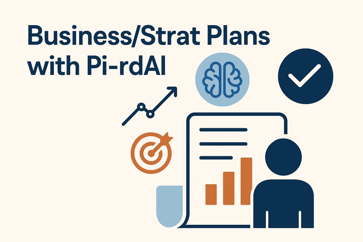 Infographic titled “Business/Strat Plans with Pi-rdAI™” showing icons of planning and strategy: checklist, growth chart, target, brain, and checkmark. Visual emphasizes modern AI-enabled business and strategic planning.
