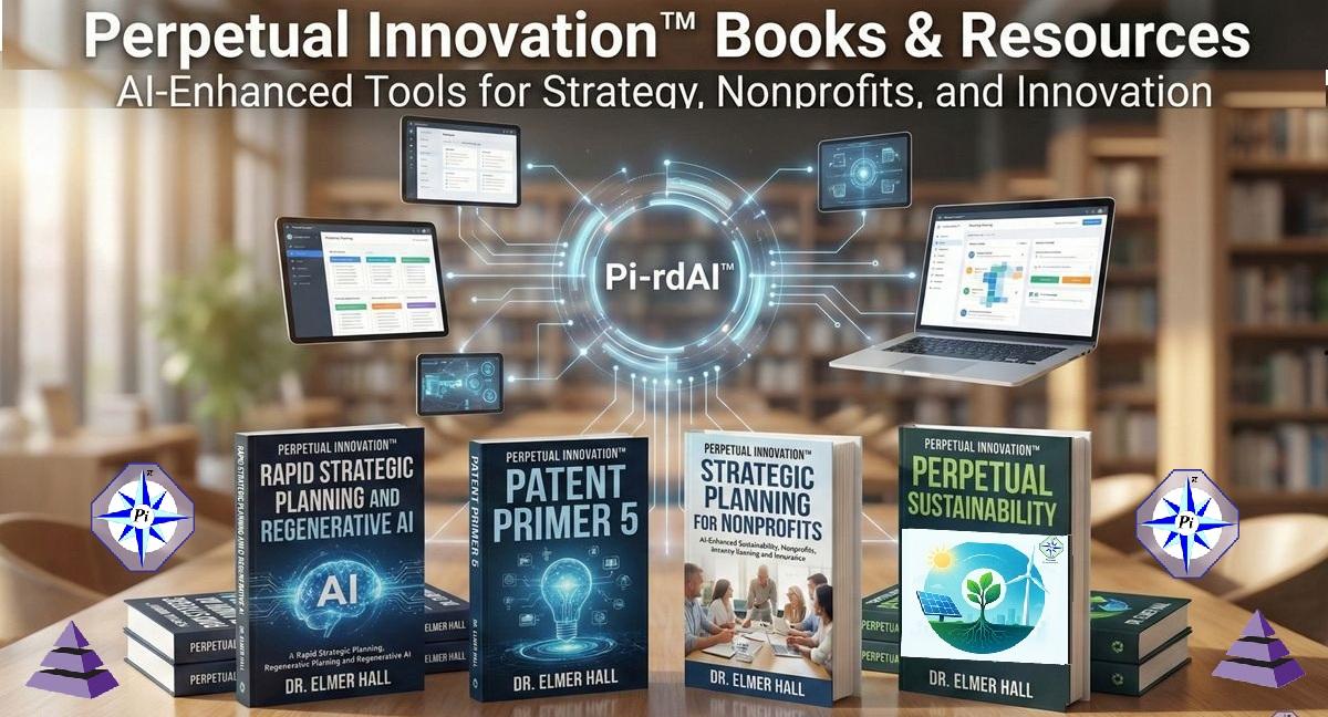 A curated collection of Perpetual Innovation series books on strategic planning, nonprofit management, and intellectual property, with a glowing digital overlay representing rdAI tools.